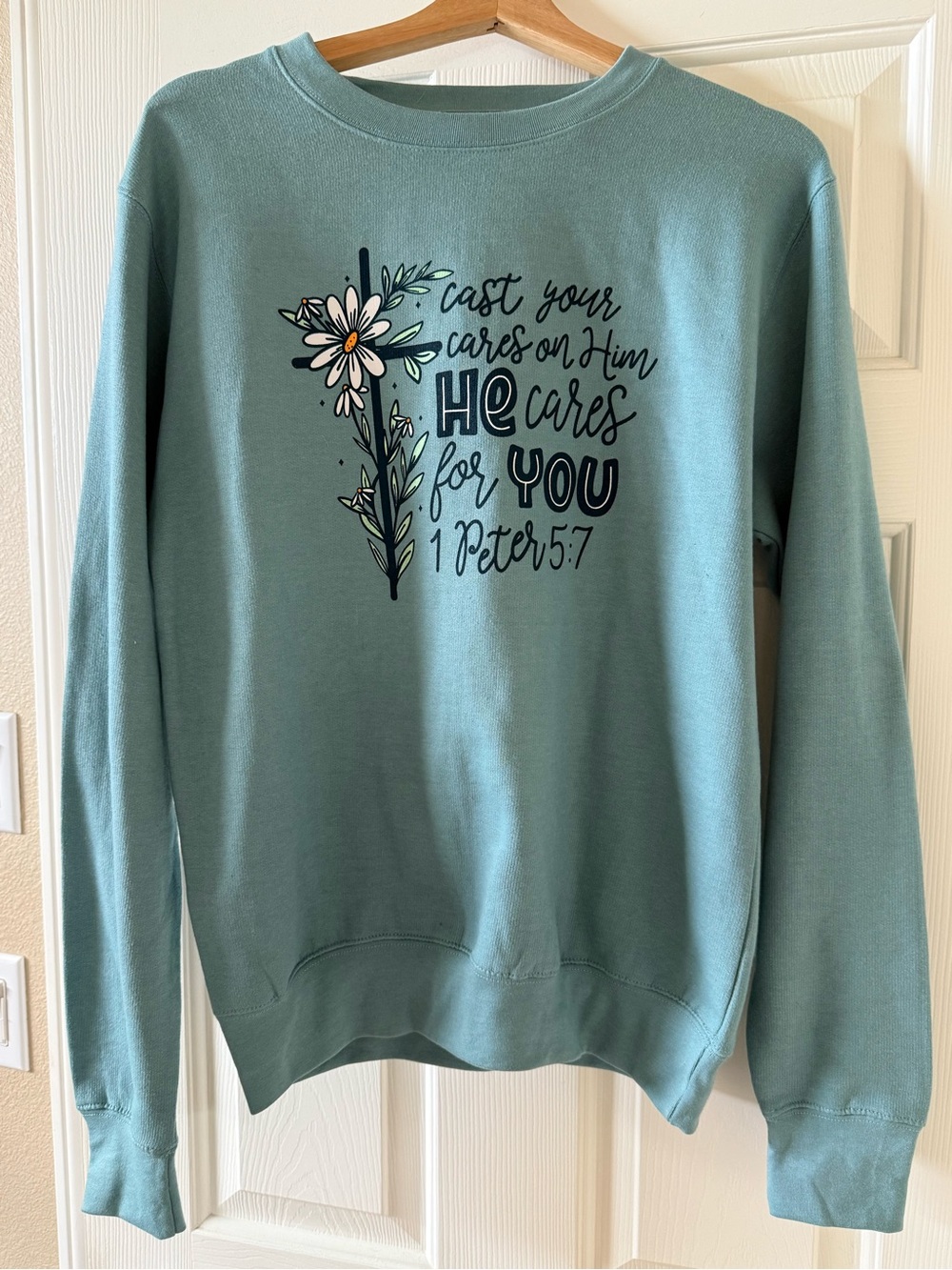 Green Graphic Sweatshirt with Floral Cross & Scripture